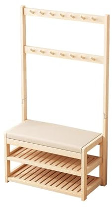 Garderobenständer mit Sitzbank, Holz Kleiderständer Mit Schuhablagen, Freistehende Stabiler Garderobe mit 10 Haken und Schuhregal, Garderobe aus Massivholz mit Polsterung für Den Eingangsbereich(84x17