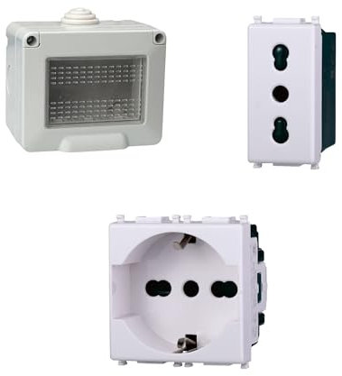 Kit Scatola Elettrica IP55, Completa Di Frutti Compatibile Con Vimar Plana, 3 Moduli Presa Schuko P40 + Presa Bipasso, Contenitore Con Coperchio, Da Muro Parete Esterno e Interno