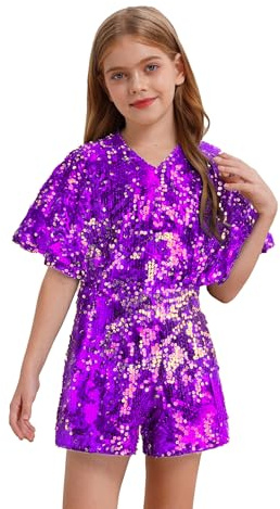 Xnihocha Girls Sequin Jumpsuit Kids Cap Sleeve Short Sparkly Romper Disco Outfits One Piece Pants Suits Purple 5-6 Years