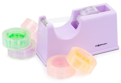 Starplast Dispensador de cinta color pastel + 6 celos de cinta transparente, base antideslizante, gran peso, 15,5x5x7,8 cm, para oficina, escolar, hogar - LILA