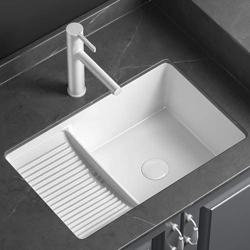 Fregadero de cerámica para la colada con tabla de lavado, lavabo bajo encimera, lavabo bajo encimera, lavabo de baño con válvula de ángulo de desbordamiento y desagüe, tamaño 57 x 38 pulgadas