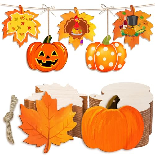 36 Stück Holz Kürbisse Ahornblatt Basteln zum Bemalen | Holz Kürbis Schnitte Herbst-Halloween-Thanksgiving-Dekoration mit Loch und Hanfseil zum Aufhängen