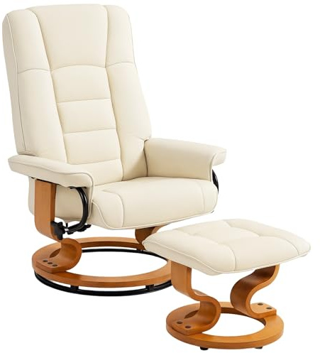 HOMCOM - Sillón reclinable con reposapiés, sillón relax de salón giratorio, marco de madera, revestimiento sintético, 76 x 85 x 104 cm, color crema