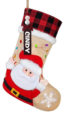 DEMIUKO Nikolausstrumpf Personalisierte Weihnachtsstrumpfe mit Namen 46CM Große Nikolausstiefel mit 3D Weihnachtsmann Jute Weihnachtssocken Kamin Hängenden Strumpf für Familien Party Weihnachtsdeko