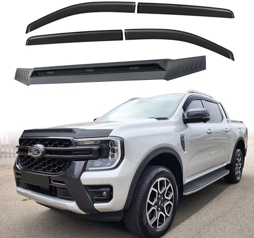 JHCHAN Windabweiser und Motorhaube Deflektor Insekten Zubehör Satz für Ford Ranger 2023-2026 T9 Wildtrak Raptor Platinum XL XLT Limited Tremor Wildtrak X(Motorhaubenschutz +Winddeflektoren)