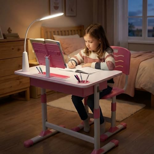 Oyajia Mesa y Silla Infantil Regulables en Altura, Escritorio para Niños con Cajón Portavasos,Lámpara LED y Estante para Libros,Silla Ergonómica con Respaldo Curvo, para Estudio y Tareas Desde 6 años