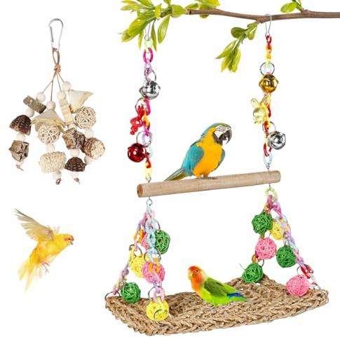 Dulynva 2 pezzi Giochi per Pappagalli, Altalena per Uccelli con Campanellino, Giocattoli da Masticare, Giochi Pappagalli per fringuelli, Calopsitte, parrocchetti