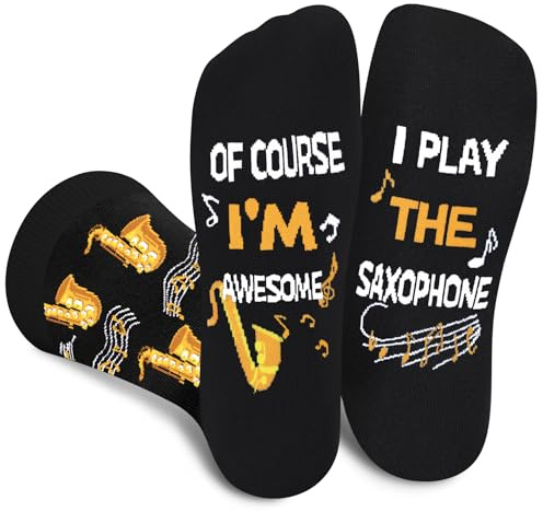 AGRIMONY Chaussettes musicales amusantes pour hommes, femmes, adolescents, garçons – Cadeaux d'anniversaire et de Noël, Musique-saxophone-b, Medium-Large