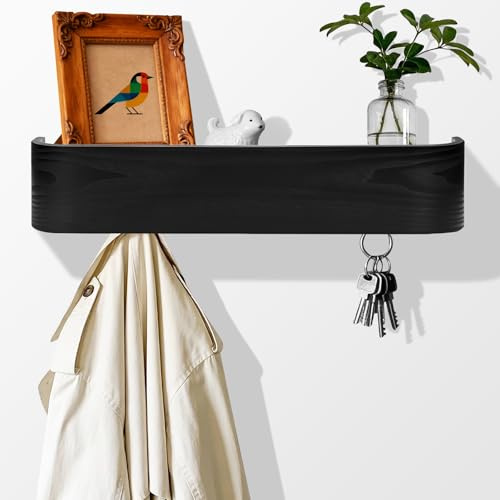 Topfinder Coat Rack with Shelf Wall-Mounted Organizer with 5 Hidden Hooks | Entryway Bedroom Kitchen Hallway Concealed Hooks, Space Saving Wood & Metal Wall Storage Coat Hanger