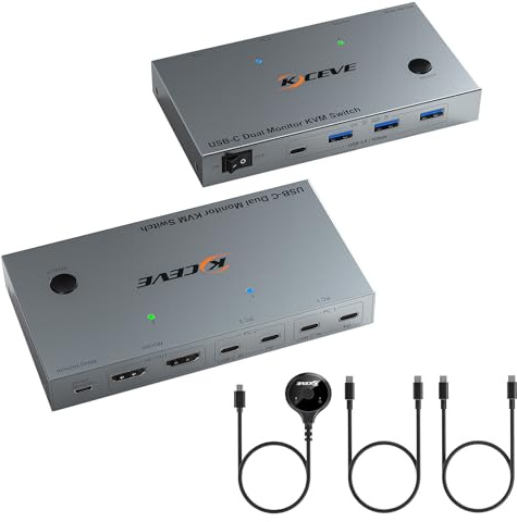 USBC Dual Monitors KVM Switch 4K@60Hz, USBC KVM Switch 2 Monitors 2 Laptops with 4 USB 3.0 Ports, 100 W PD for 2 Laptops with Wired Remote and USB Cable