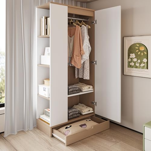 Arhatreya Kleiderschrank 70×40×170 cm, Eintüriger Schrank mit Einlegeböden und Schubladen, Platzsparender Garderobenschrank für Schlafzimmer & Flur, Holzfarben + Weiß