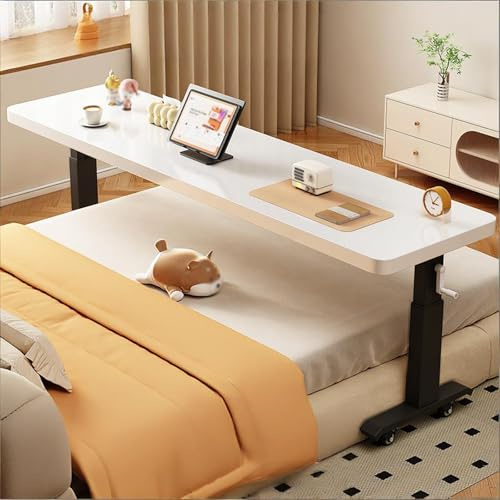 Höhenverstellbarer Computertisch Mit Handkurbel, Betttisch Auf Rollen Mit 360°, Robuster Laptoptisch Für Krankenhaus Und Zuhause(White2,180cm/70.8in)