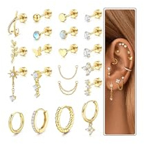 LOLIAS 21Pcs Piercing Ohr Chirurgenstahl Helix Piercings CZ Creolen Flatback Ohrstecker mit Flachem Verschluss Medizinische Ohrringe Set Damen Knorpel Tragus Conch Helix Piercing Ohr Silber/Gold
