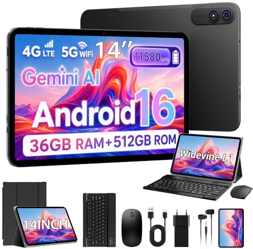 PIXGOOD 2026 Tablette 14 Pouces avec Android 16, 36GB RAM+512GB ROM(TF1TB), Octa-Core, 4G LTE/5G WiFi, 2000 * 1200, WideVine L1, 11580mAh,13MP+8MP, BT 5.0/GPS/Face ID/Tab avec Clavier(Gris)