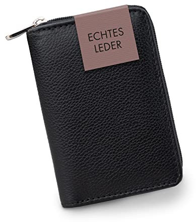 XiRRiX Damen-Portemonnaie Klein - Kleiner Geldbeutel Damen mit Reißverschluss - Geldbörse Damen Klein mit Münzfach - Mini Portmonee für Frauen im Kartenformat - Schwarze Brieftasche aus Leder