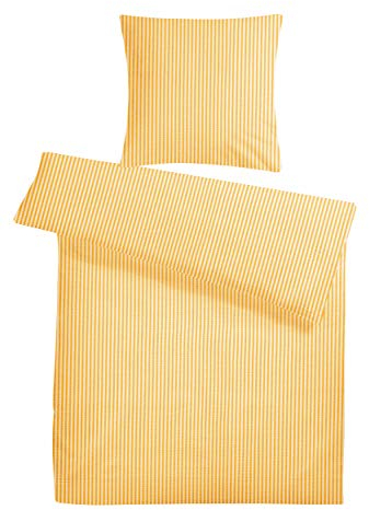 Carpe Sonno Seersucker Bettwäsche 155x220 Baumwolle | Gestreifte Bettwäsche Sommer Bettbezug 155x220 Kühlende Sommerbettwäsche Bügelfreie Bettwäsche-Sets | Gelb Weiße Bettwäsche Baumwolle 155 x 220