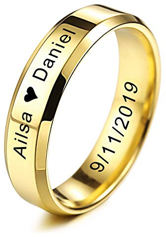 MeMeDIY FEDI Nuziali per Uomo per Fasce da Donna in Acciaio Inossidabile per Ragazze, con Regolatore della Dimensione Dell'anello - Incisione Iersonalizzata (Oro Colore, 6.0mm Larghezze, 31 Taglie)