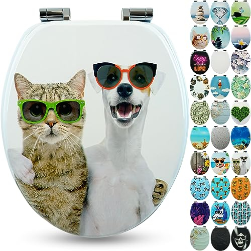 Sanfino® Premio Sedile WC ammortizzato - Copriwater Universale di alta qualità in legno, tanti motivi colorati, seduta comoda, facile da montare con istruzioni di montaggio incluse - Cat & Dog