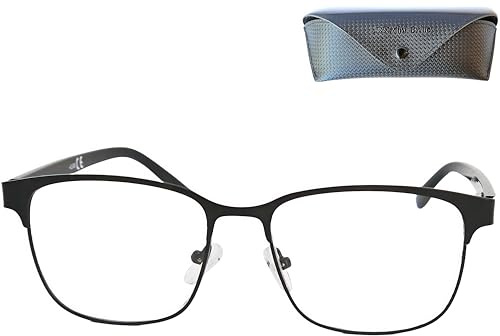 Vintage Blaulichtfilter Brille Metall Rechteckig Graphit Schwarz Etui | 0,0 bis +2,5 Dioptrien, 134 mm Breite, 54 x 44 mm Gläser, 12-15 mm Brücke, 140 mm Bügel, ca. 26 g