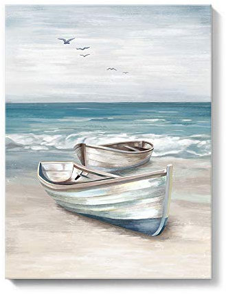 SUMGAR Ocean Wall Art Blue White Sea Canvas Paintings Sandy Beach Pictures Boat Coastal Artwork Framed Seashore Prints Seaside View Home Decor for Bathroom Living Room Bedroom 30x40cm