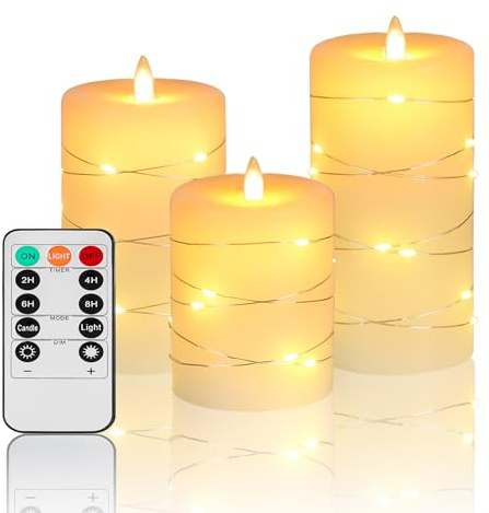 Fanzir Flameless Candles With Remote, Battery Operated Candles LED Candles with string lights Flickering Candles with Timer, 4‘’ 5‘’ 6‘’ Candle For Seasonal and Festival Celebration’s Candles set of 3