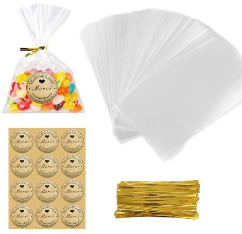 THETAG 100 Stück Cellophantüten Klar, 10x15cm Zellophantüten Süßigkeiten Tütchen Transparent mit Metallischen Bindebaender OPP Tasche Plastiktasche für Schokolade Bonbons