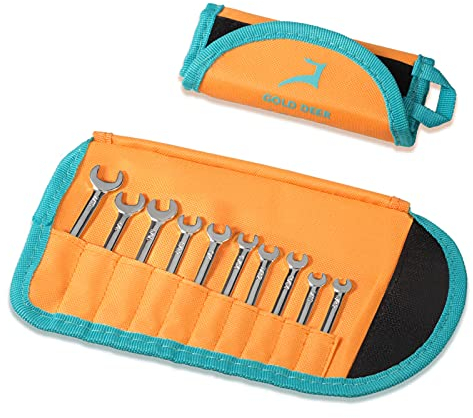 GOLD DEER Mini Jeu de Clés Plates Mixtes Clés à fourches polygonales 5/32-7/16, 10 pièces Clé Plate en Pouce, Clés fourche Mixtes et Sac de Rangement, Réparation Domestique