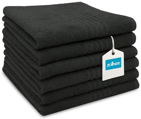 ZOLLNER 6er Set Handtücher in 50x70 cm - saugstarke Duschtücher in schwarz - mit praktischem Aufhänger - mit modernen Tiefgangstreifen - waschbar bis 60°C - Baumwolle - Hotelqualität