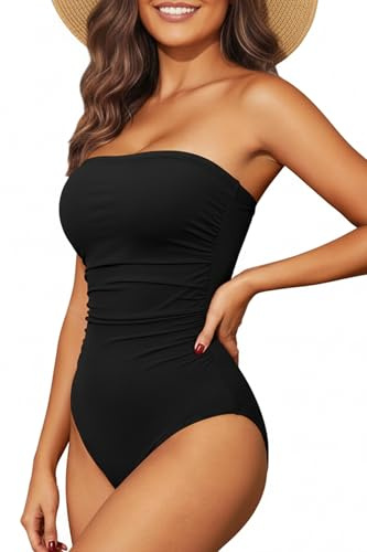 Holipick Women Black Bandeau One Piece Swimsuits Tummy Control Bathing Suits Halter Strapless Swimwear S