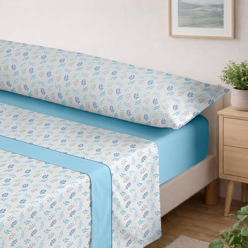 MERCURY TEXTIL- Juego de sábanas de Verano (Hojas Azul, Cama 150)