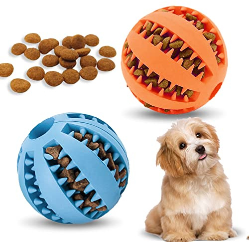Vordpe Lot de 2 distributeurs de friandises interactifs pour chiots et petits chiens, balle en caoutchouc, nettoyage des dents, entraînement du QI (6 cm, bleu, orange)