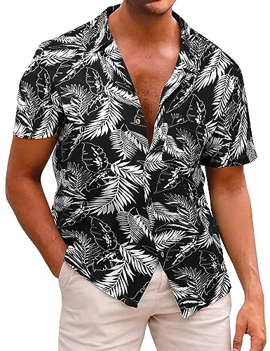 Beotyshow Herren Hawaiihemd Freizeit Hemd Kurzarm Baumwolle Blumen Shirt Urlaub Sommer Strand Hemd Reise Shirts