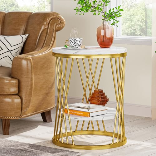 Tribesigns runt sidobord, modernt sidobord i vitt guld med hyllor, 2 våningar, nattduksbord, smalt kaffesnacksbord för soffa, soffa, sovrum, vardagsrum (1, vit och guld)