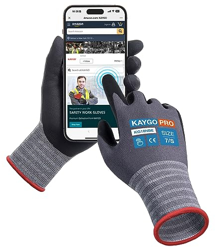 KAYGO 3 Pairs Safety Work Gloves MicroFoam Nitrile Coated Touchscreen, KG18NBE, Working Gloves with Oil Resistant Grip on Palm, for Men Women, Ideal for General Purpose Automotive (Small, Grey)