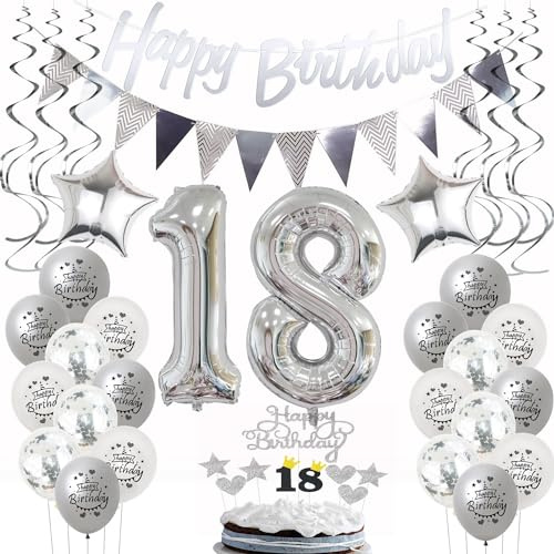 Silber Geburtstagsdeko 18 Jahre Mädchen Junge,ballon 18 Geburtstag Mädchen Deko, Luftballons 18. Geburtstag Deko silber ,Party Deko 18. Junge Tortendeko