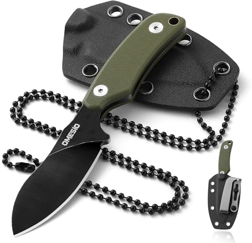 Omesio Couteau de cou Nessmuk EDC 42a avec étui Kydex et clip ceinture, petite lame fixe en acier D2, manche entièrement en G10 - Conforme à la norme 42a