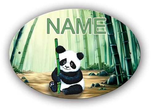 Maus-Design Türschild personalisiert mit Name und Schriftartwahl, Panda | 12,7 x 8,8 x 0,2 cm, 2 Bohrungen, Kunststoff, Oval