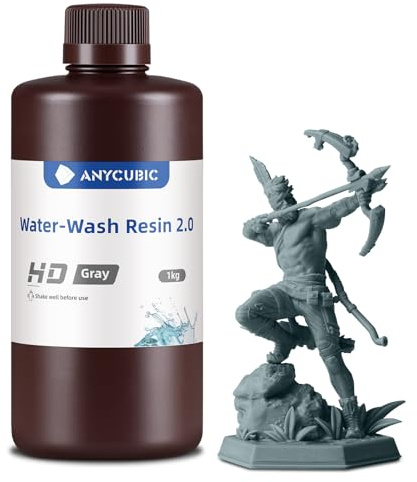 ANYCUBIC Wasser Abwaschbar Resin 2.0, HD Grau 1000g | 3D Drucker Resin Water Washable, Anti-Vergilbung, UV Resin 405nm Standard Photopolymer Harz Geringer Geruch