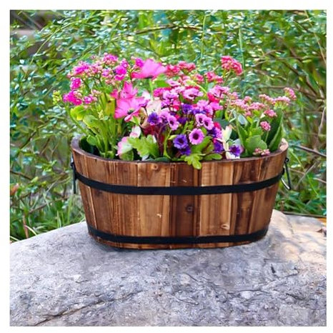 Holz Ovale Halbfass Pflanzgefäße, Rustikale Whiskey Fässer Mit Griff Karbonisierung Blumentopf Doppelbehälter Für Patio Garten Pflanzen Blumen, Gemüse, Grüne Pflanzen(50x23.5x20.5cm)