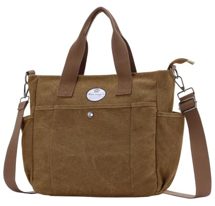 HUA ANGEL Bolso de Hombro de Lona con Múltiples Bolsillos para Mujer, Bolso de Mano Vintage con Cremallera, Bolso Bandolera para Trabajo, Viajes, Ciudad, Compras, Universidad