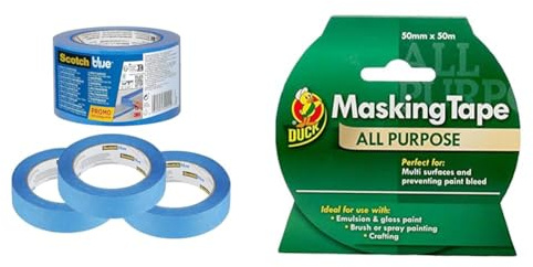 ScotchBlue Multi-Surface Premium Masking Tape, Pack of 3, 24 mm x 41 m, Scotch Adhesive Blue Painter & Duck Tape All Purpose Masking Tape 50mm x 50m, indoor painting and decorating for multi surfaces