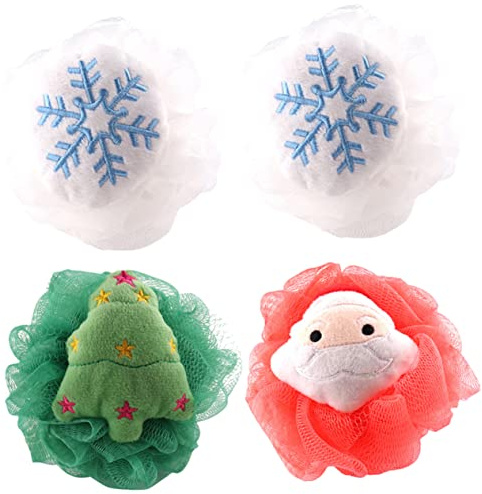 NULYLU 4 Stück Weihnachts Badeschwämme Körperpeeling Badekugeln Kinder Luffa Badeschwamm Hautreinigungswäscher Mit Weihnachtlichen Motiven Badzubehör Geschenke
