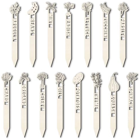 arricraft 15 Pcs Garden Herb Plant Markers, 15 Styles Wooden Hollow Signs Vegetable Fruit Plants Tags for Indoor Outdoor Greenhouse Potted Seed Herbs Patio Supplies 15.2x2.54cm(6x1inch)