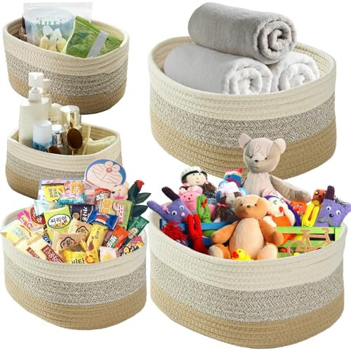 Lot de 5 boîtes de rangement sans odeur en corde de coton tissée pour placard, étagère, petites boîtes de rangement pour clés, serviettes, rouleaux et pots de fleurs, sans plis, tissu doux