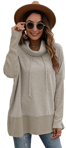 Famulily Sweat à capuche surdimensionné à manches longues et col bénitier pour femme avec cordon de serrage S-XL, kaki, L-XL