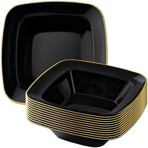 DecorLine Contour Collection Elegant Black Plastic Dessert Bowls with Gold Rim - 12 oz (Pack of 10), Ideal for Parties Celebrations & Special Occasions