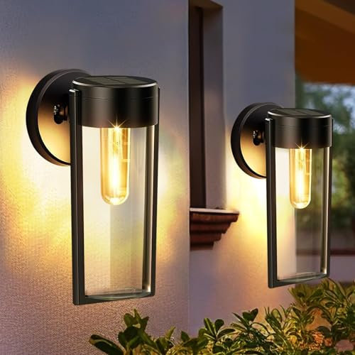 Songlypian 2 Pack Applique Murale Exterieur Solaire, IP65 Etanche Lampe Murale, Blanc Chaud Luminaire Exterieur avec Abat Jour, Appliques murales Pour Patio Jardin Balcon Porte Couloir