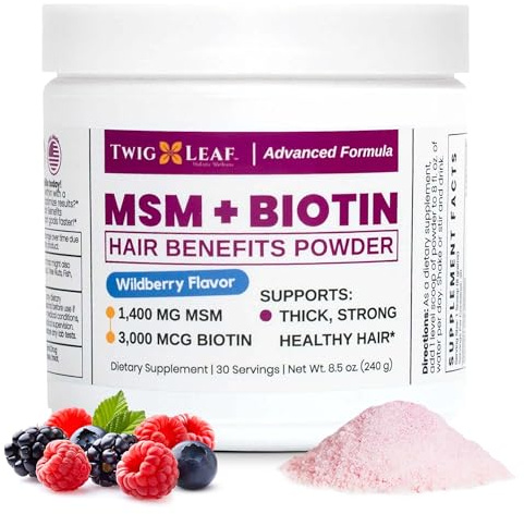 MSM + Biotin Hair Benefits Powder - Hair Growth MSM Supplement for Women & Men - Biotin & Vitamin C Blend - Wildberry MSM Powder for Hair Volume & Strength - Gluten-Free - 30 Servings (8.5 Oz)