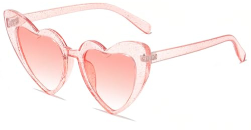 JCTAIFOO Liebe Herz geformte Sonnenbrille für Damen Vintage Cat Eye Retro Nette Mod Stil Hippie Party Brille (Glitzerndes Rosa/Rosa)