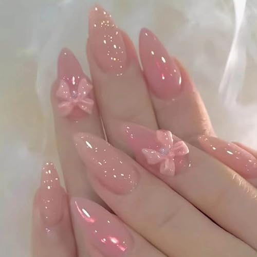 LunarCharm 24 Stück Pinke Aufdrücknägel, mittlere Schleife, künstliche Fingernägel, vollständige Abdeckung, mandelförmig, süße künstliche Nägel für Frauen und Mädchen